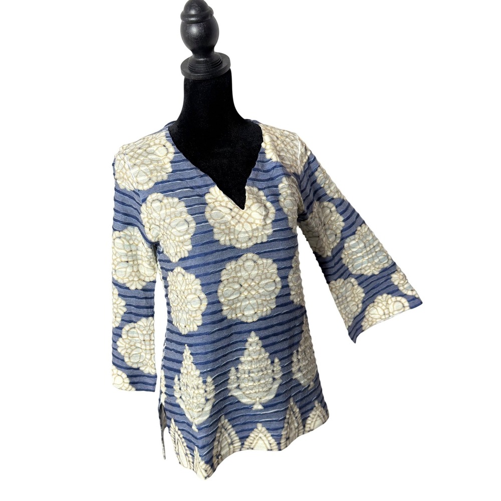 Before‎ + Again Floral Textured Tunic Top Flare Sleeve Size S Blue Artsy Coastal